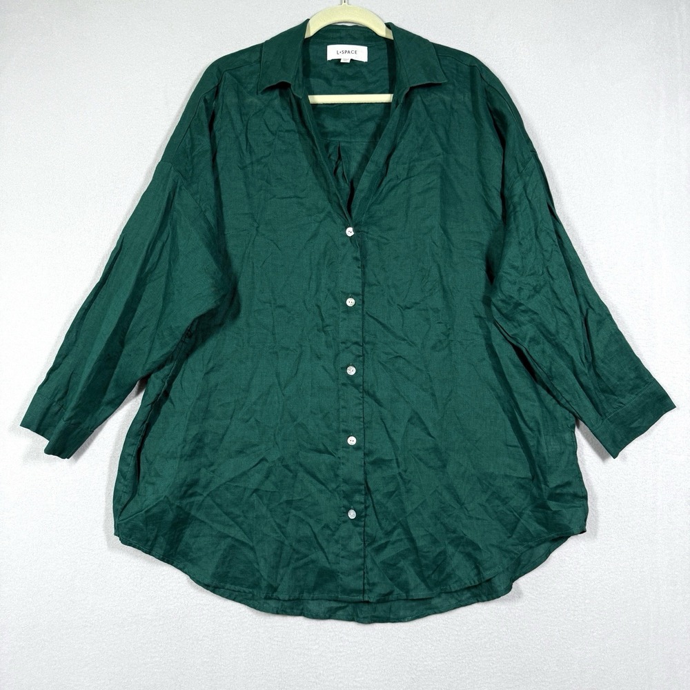 L Space Shirt Womens Medium Large Rio Tunic 100% Linen Button Up‎ Beach Cover Up